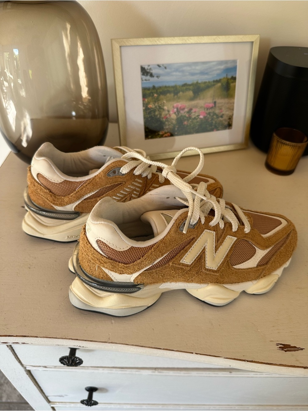 New Balance Tan and Cream Chunky Lace-Up Sneakers